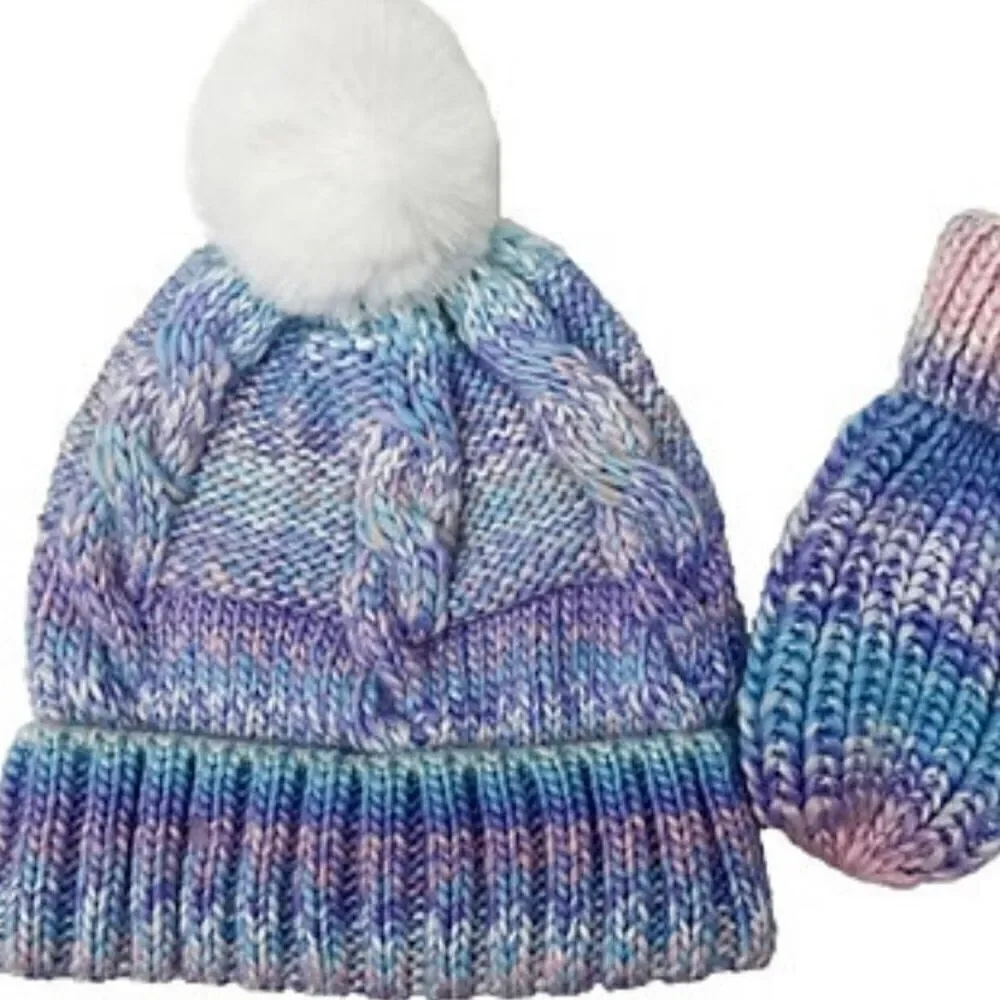 NWT West Loop Girl’s Blue,Purple.Pink, Mittens Gloves & Pom Pom Beanie hat set